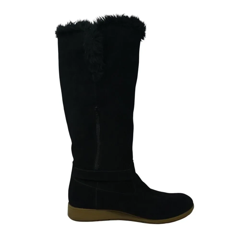 Lands End Black Suede Faux Fur Lined Wedge Heel Tall Winter Boots Womens 10